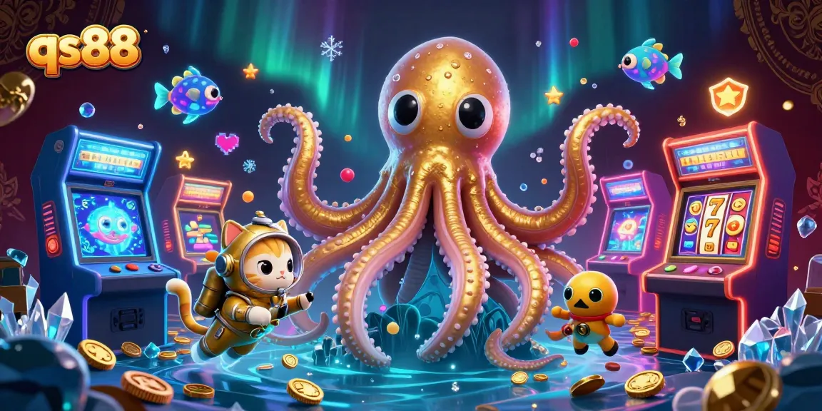 Experience thrilling gaming action at qs88 in a vibrant treasure-filled scene with a colossal kraken.