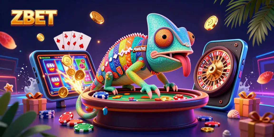 ZBET offers a vibrant casino experience with a chameleon casino owner amid exciting game elements.