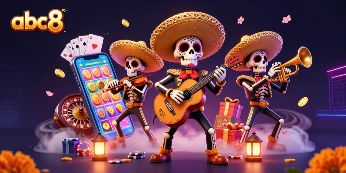 Experience the excitement of abc8's slot games with vibrant 3D skeleton mariachi illustrations.