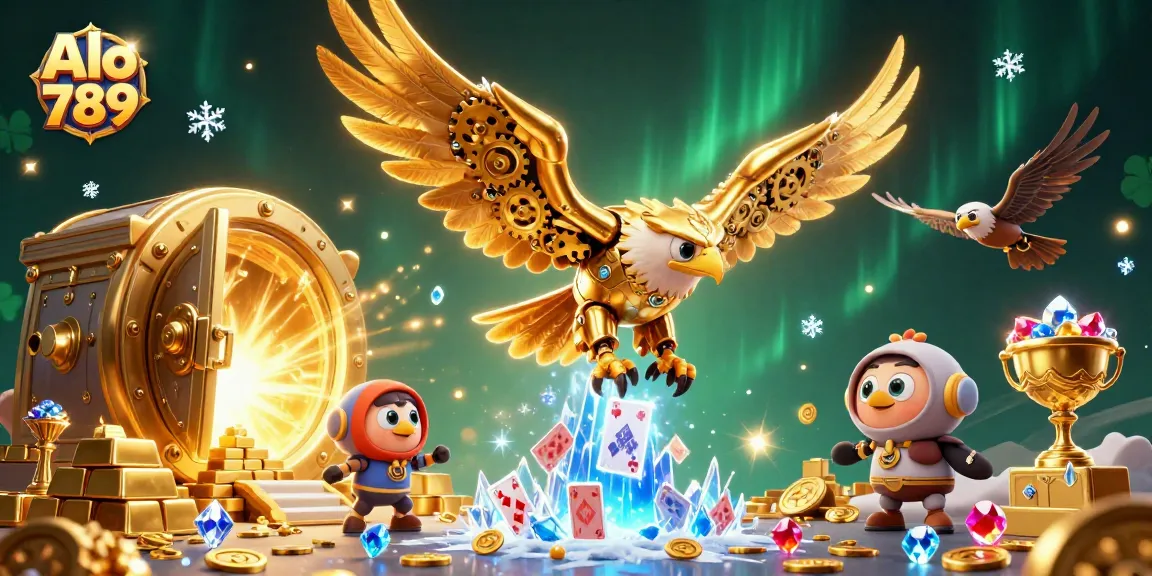 Alo 789 showcases an animated scene with a golden eagle diving through holographic cards, embodying the thrill of gambling.