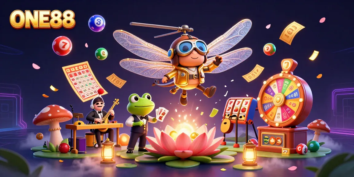 Experience thrilling gameplay with ONE88, featuring vibrant lottery elements and a lively casino scene.