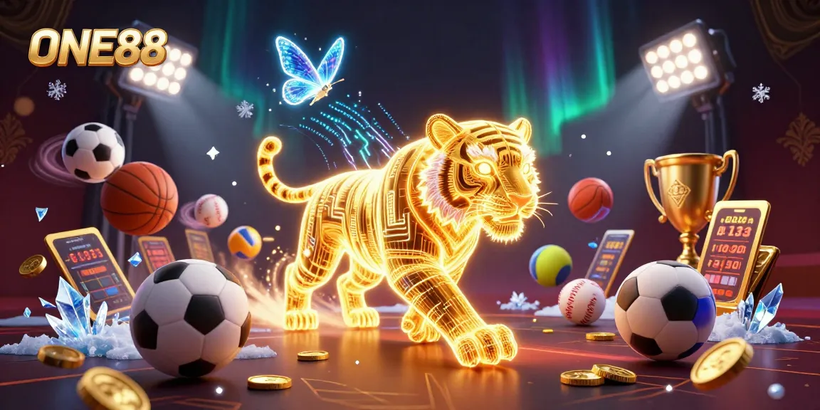 Engage with ONE88's vibrant digital casino scene featuring a neon golden tiger and dynamic sports elements.