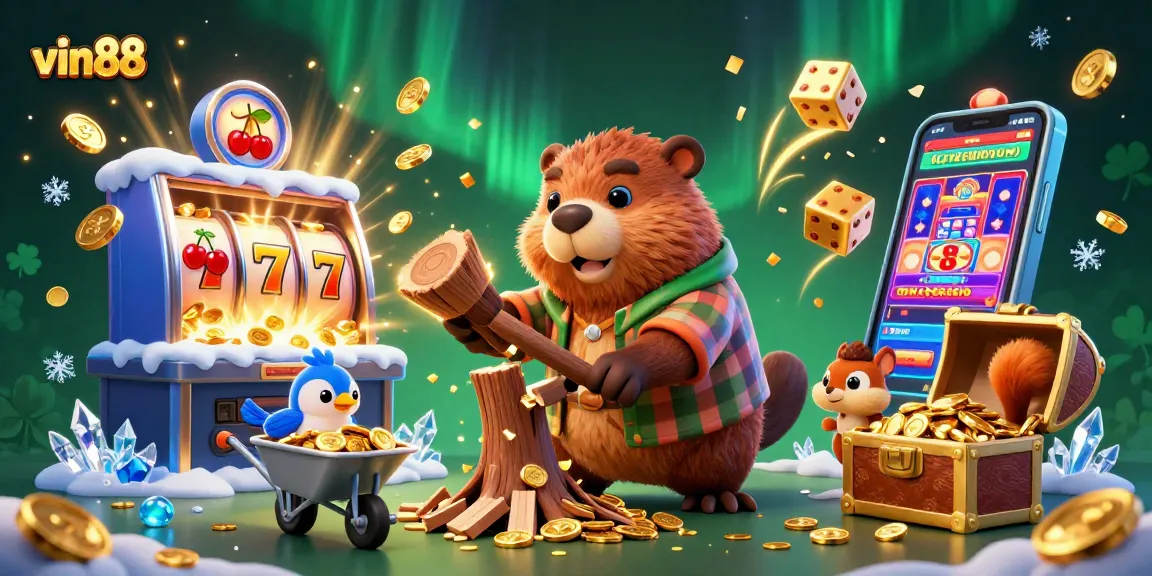 Experience vin88's thrilling slots adventure with animated characters collecting coins and jackpots.