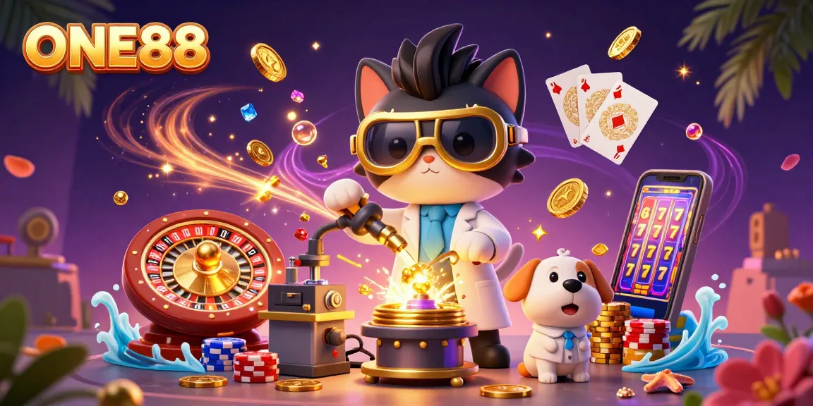Engage in thrilling gaming at ONE88, featuring vibrant casino elements and exciting dynamic scenes.