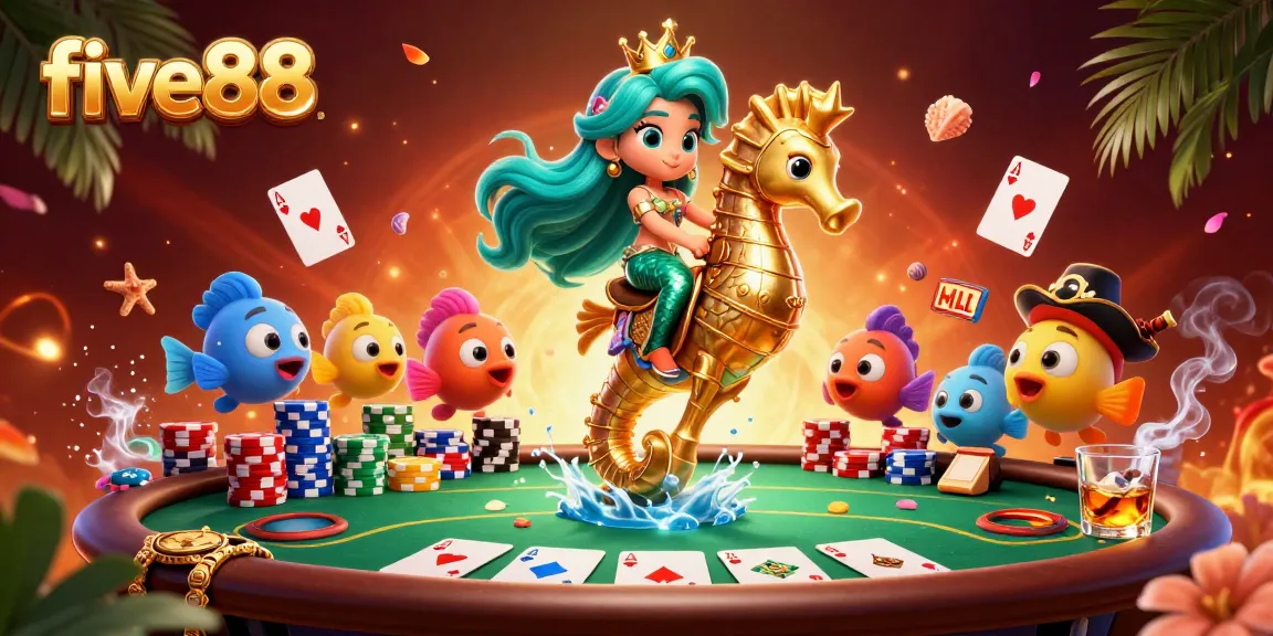 Engage in thrilling action with five88 at the vibrant poker table, featuring captivating gaming characters.