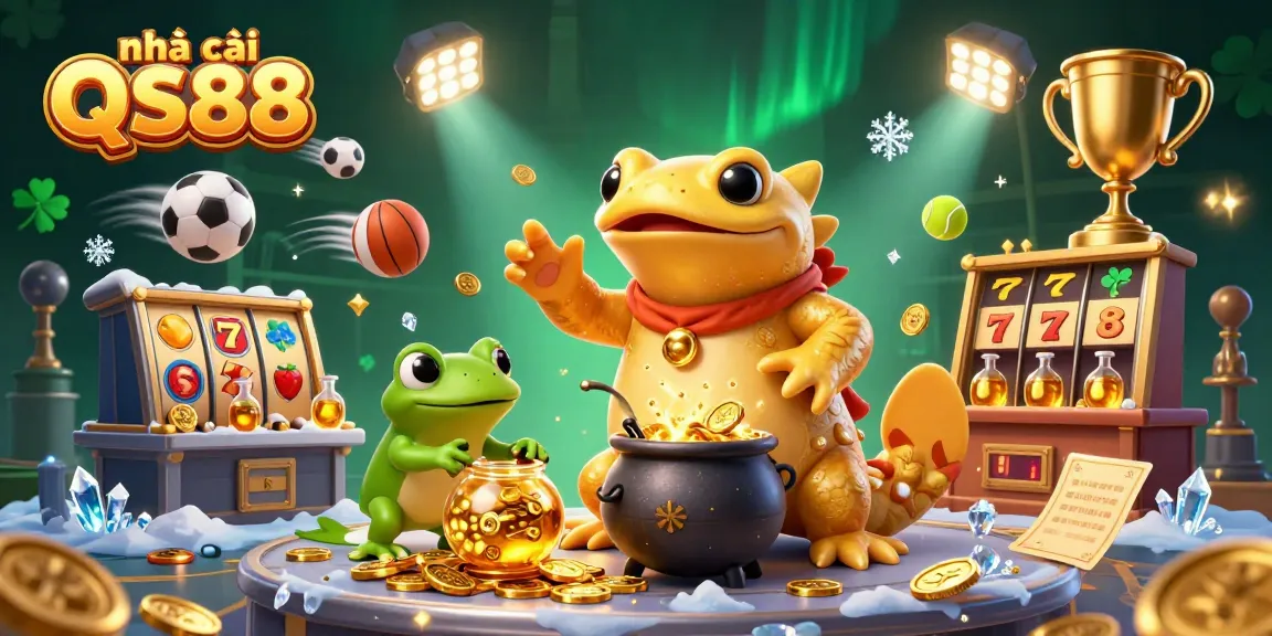 Engage in thrilling games at nhà cái QS88, featuring vibrant 3D casino elements spinning and flying.