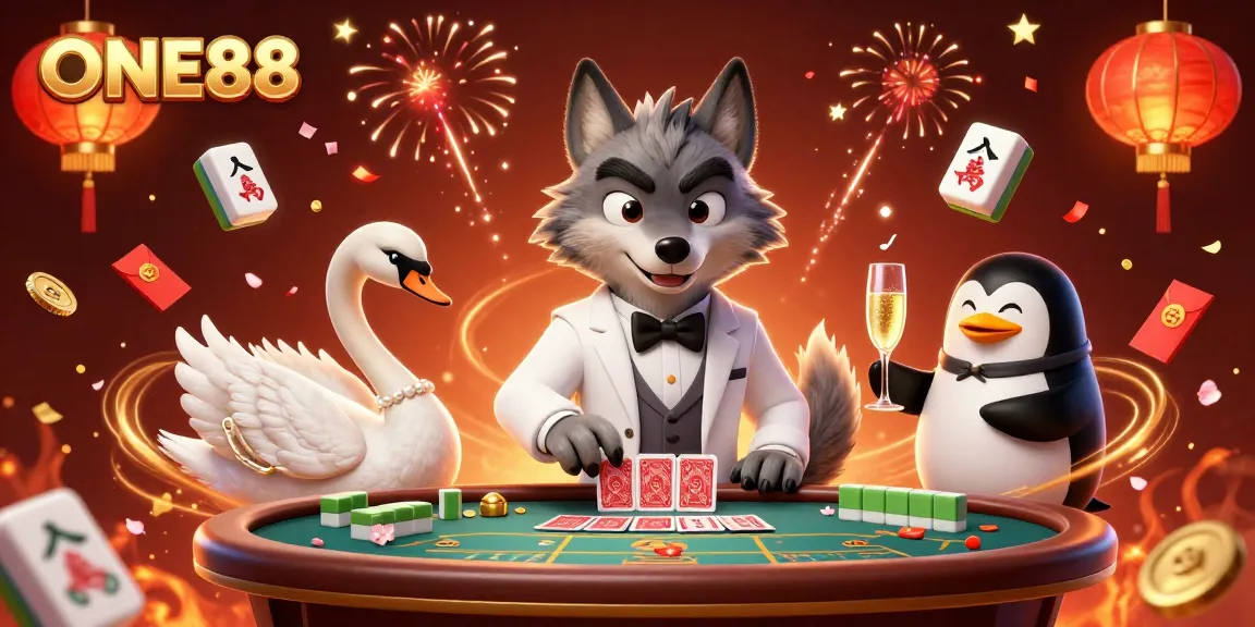 Experience the excitement of ONE88 with a debonair wolf, elegant swan, and sophisticated penguin in a vibrant casino scene.