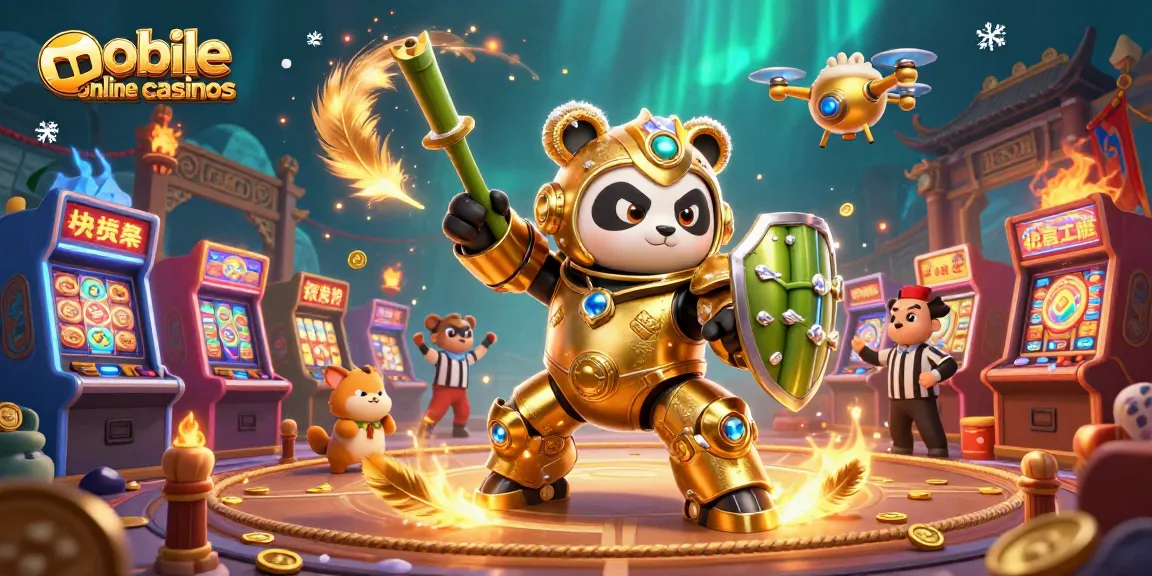Engage in mobile online casinos with a mech-suit panda battling in a vibrant arcade scene