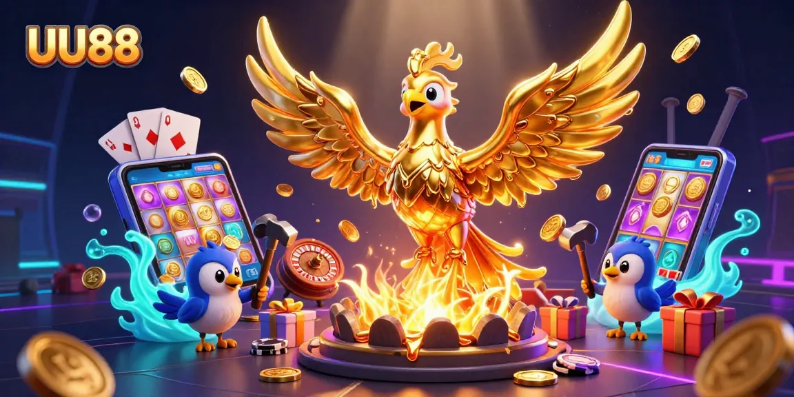 Experience immersive gaming with UU88, featuring a golden phoenix, dynamic slot games, and vibrant casino elements.