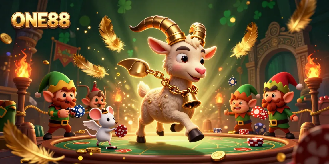 Experience exhilarating gameplay at ONE88 in a festive casino scene with Krampus, angel, and gremlins.