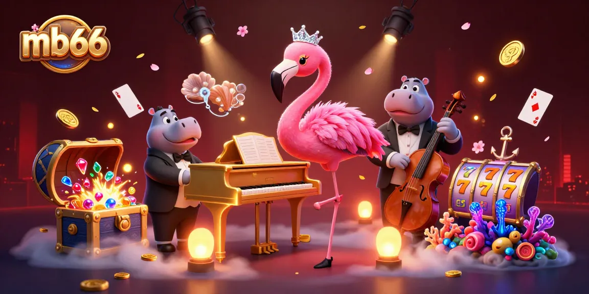 Experience the excitement of mb66 with a vibrant 3D casino illustration featuring a flamboyant flamingo singer.