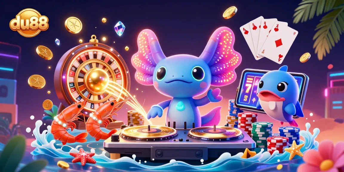 Join the neon-colored fun at du88 with an exciting 3D casino illustration featuring vibrant characters and casino elements.