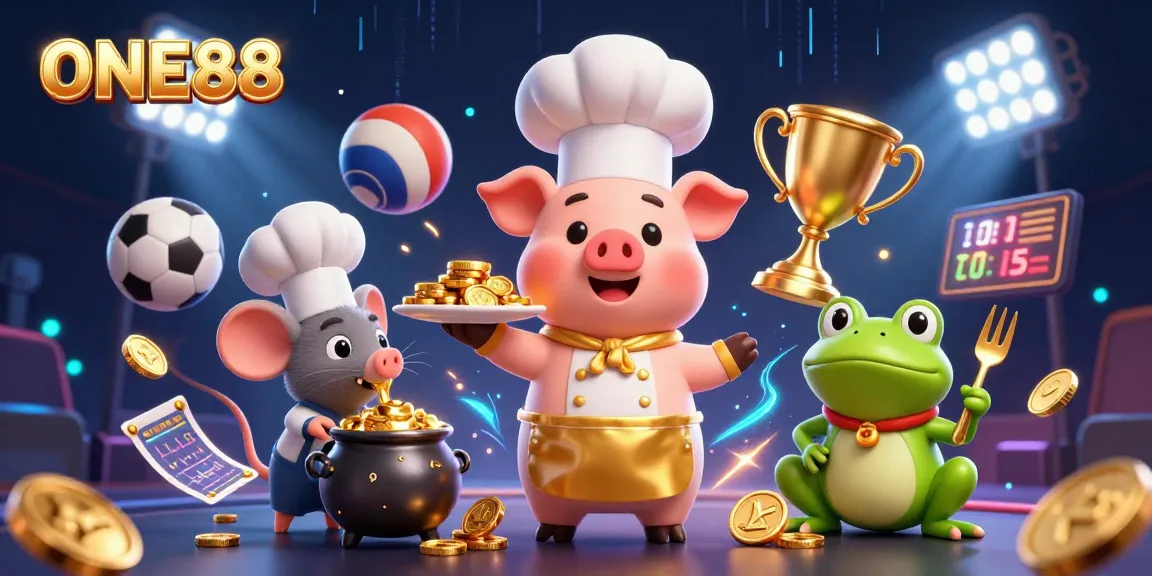 Engage with ONE88's dynamic sports betting scene featuring a gourmet pig chef and energetic game elements.