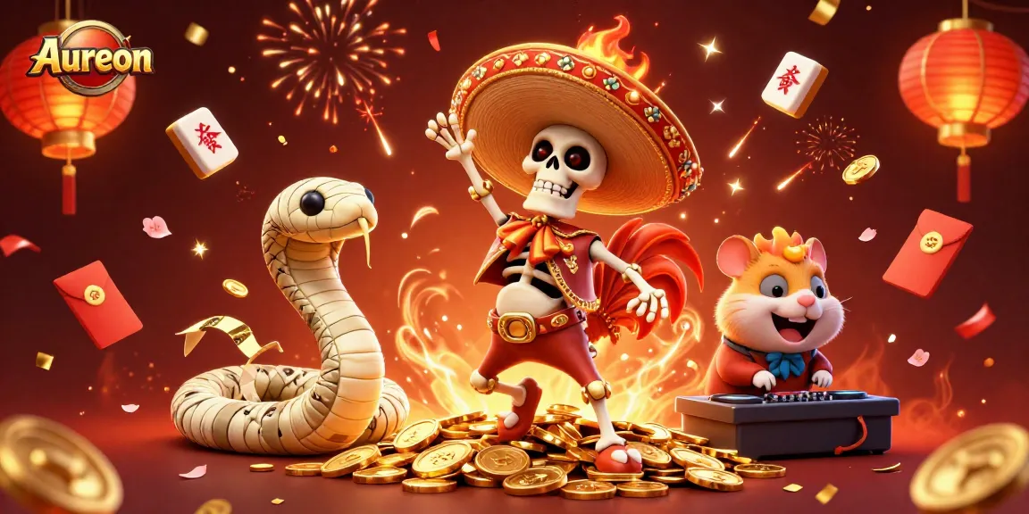 Aureon casino characters celebrate with a victory dance in a vibrant 3D illustration of coins, fireworks, and festive elements.