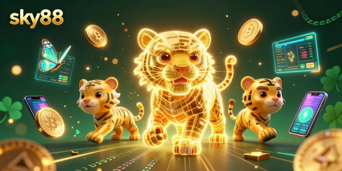Experience thrilling gaming action at sky88 with a glowing tiger amidst vibrant casino elements.