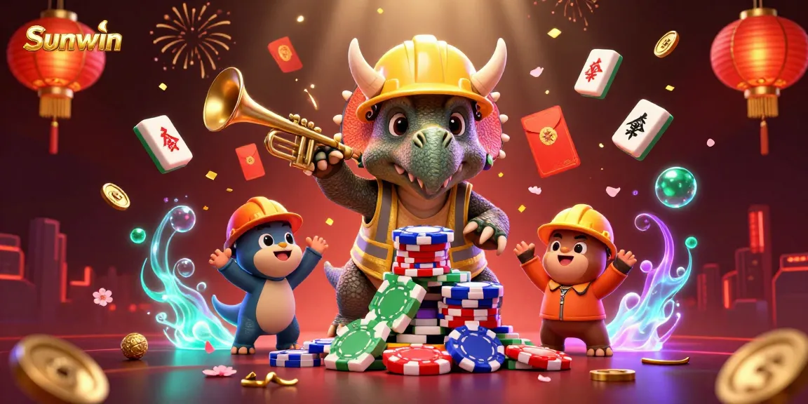 Sunwin celebrates winning moments with vibrant characters building poker chip pyramids in a dynamic casino scene.
