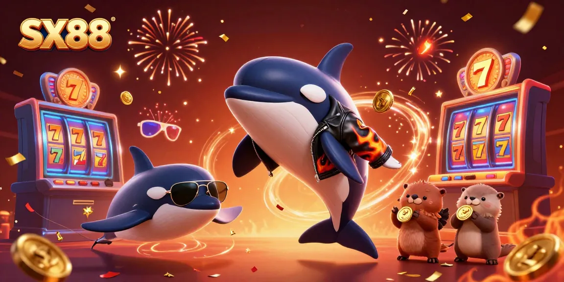 SX88 showcases a lively casino scene with an orca whale, stingray, and sea otters celebrating with gold coins and slot machine elements.