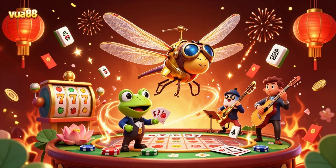 Engage in thrilling games at vua88 Casino with a lively dragonfly pilot, frog dealer, and jazz band.