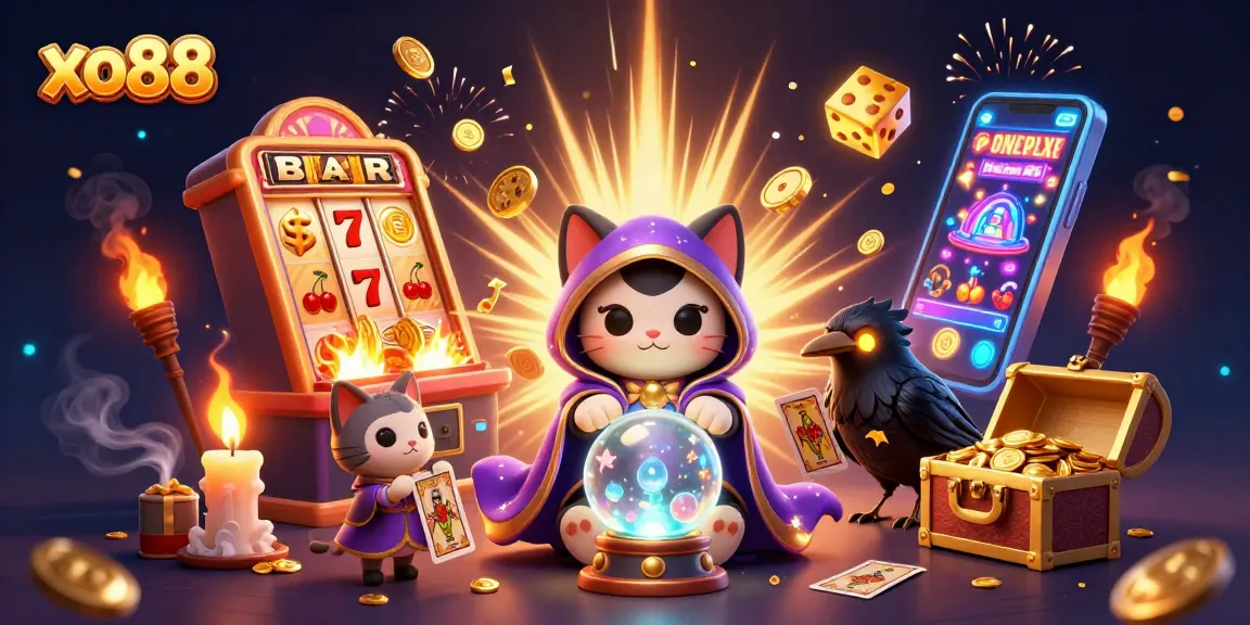 Experience the thrill of xo88 with a vibrant casino scene featuring a mystic cat and raven!