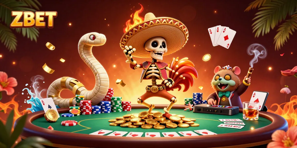 ZBET players enjoying a thrilling poker game with vibrant characters and dynamic casino elements