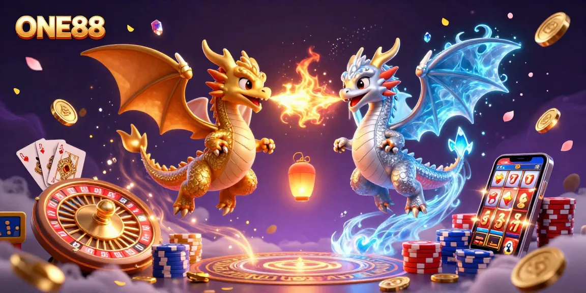 Experience the magic of ONE88 with dynamic gaming elements and mythical dragons in a vibrant casino atmosphere.
