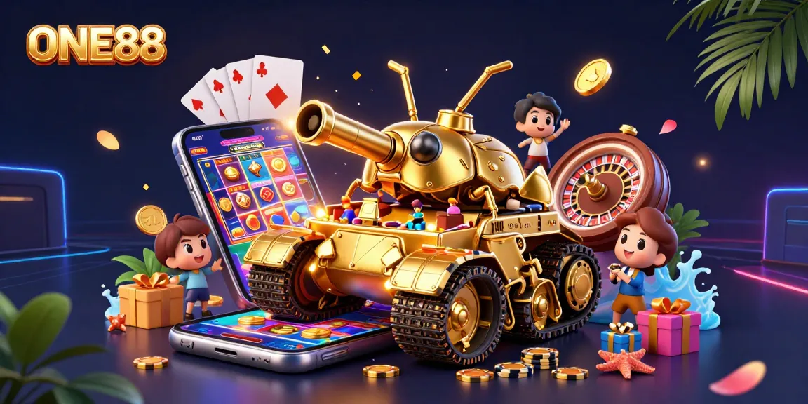 ONE88 massive golden beetle tank showcasing a vibrant miniature casino scene filled with excitement.