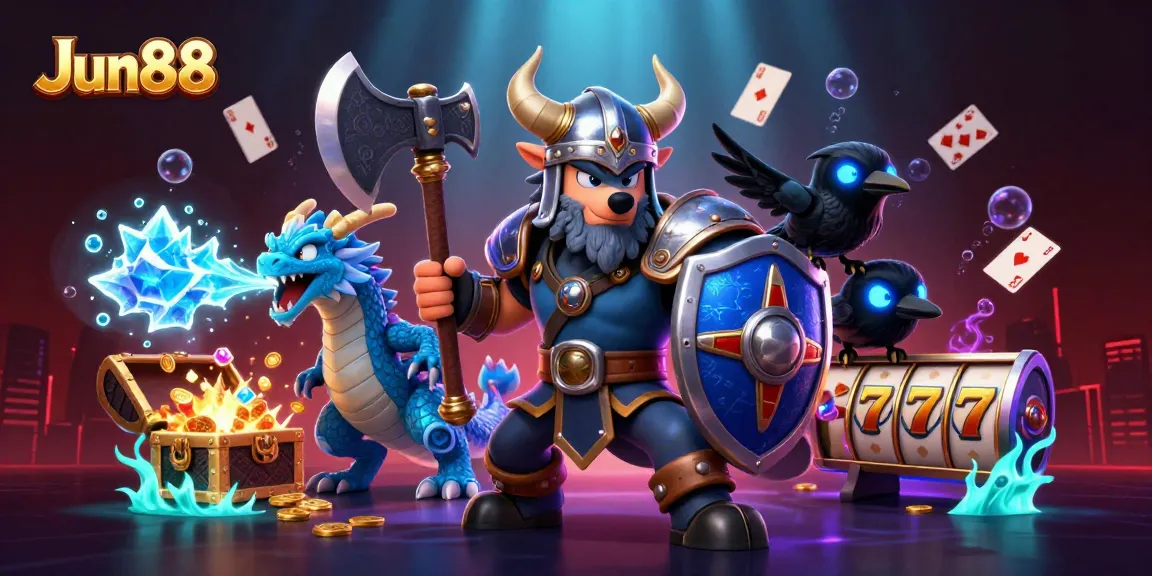 Engage with Jun88's dynamic gaming universe featuring Viking warriors, treasure chests, and vibrant casino elements.