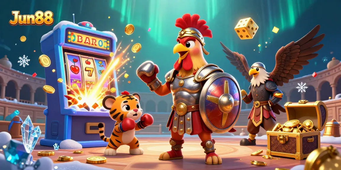 Experience thrilling jackpots at Jun88 with a dynamic casino scene featuring gaming characters.