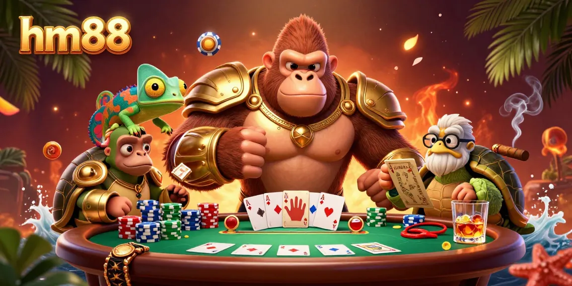 Engage with exciting poker action and experience hm88's vibrant casino atmosphere with colorful chips and characters.